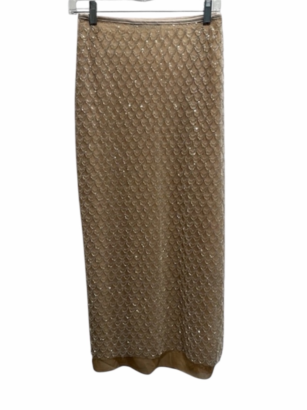 Zara Beaded Sequin Midi Skirt Size XL Gold Nude Scallop Embellished Lined